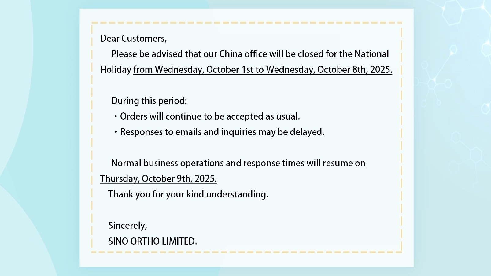 National Holiday Notice (Oct 1–8, 2025)